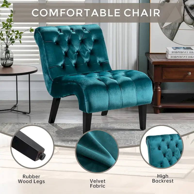 Velvet Armless Accent Chair with Wooden Legs and Thick Cushioned Seat