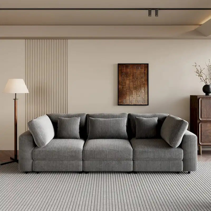 Elegant Corduroy 3 Seater Sofa with 5 Pillows