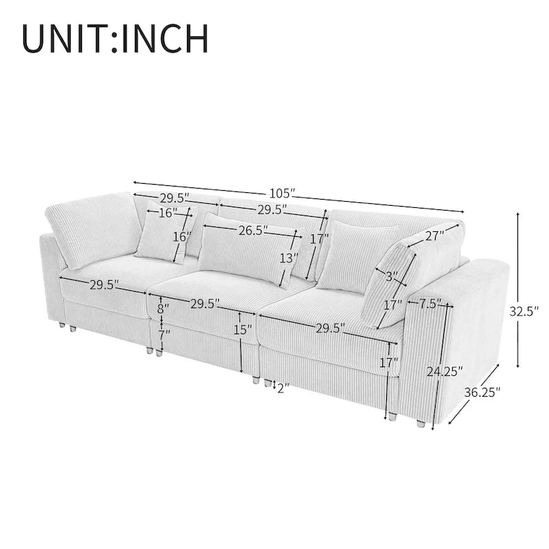 Elegant Corduroy 3 Seater Sofa with 5 Pillows