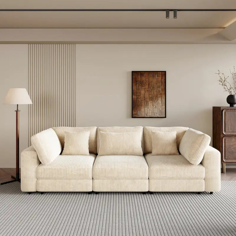 Elegant Corduroy 3 Seater Sofa with 5 Pillows