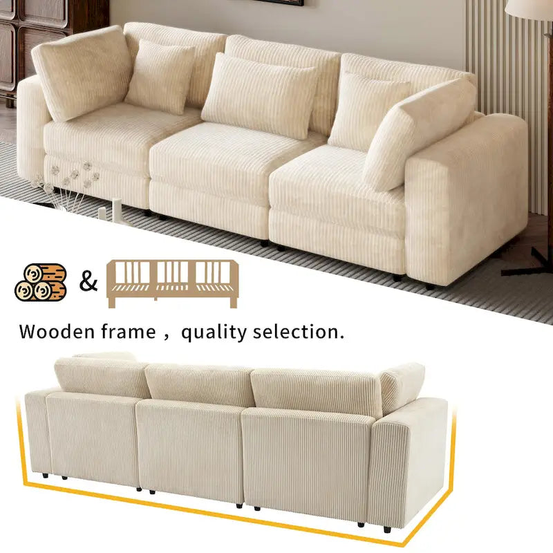Elegant Corduroy 3 Seater Sofa with 5 Pillows