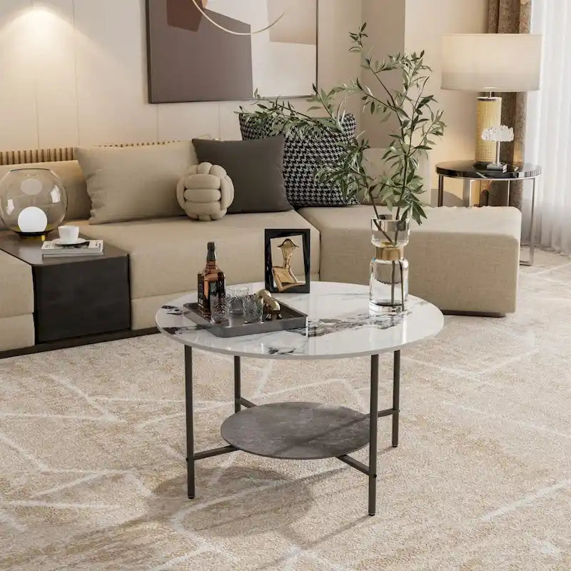 Round Coffee Table 31.5 Coffee Tables for Living Room High Glossy Faux Marble Cocktail Table with Storage Open Shelf