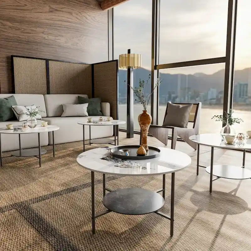 Round Coffee Table 31.5 Coffee Tables for Living Room High Glossy Faux Marble Cocktail Table with Storage Open Shelf