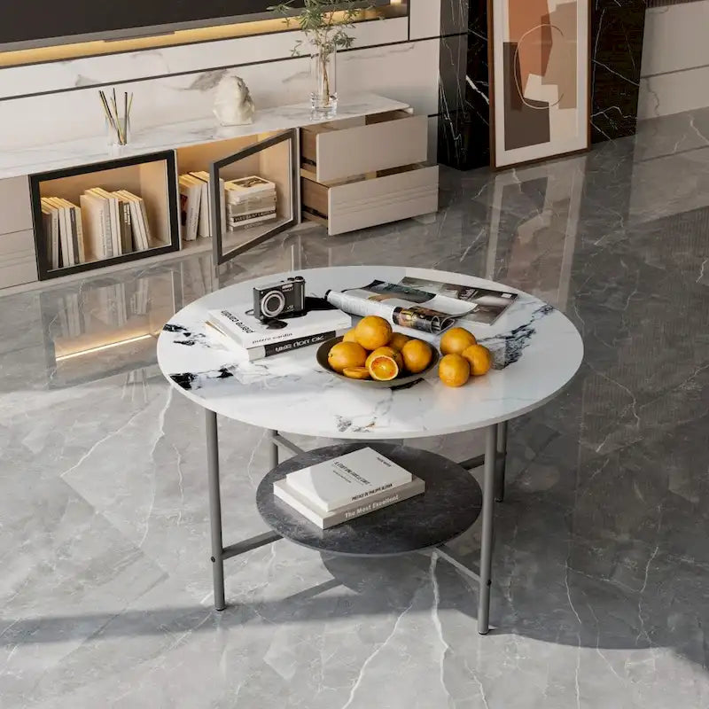 Round Coffee Table 31.5 Coffee Tables for Living Room High Glossy Faux Marble Cocktail Table with Storage Open Shelf