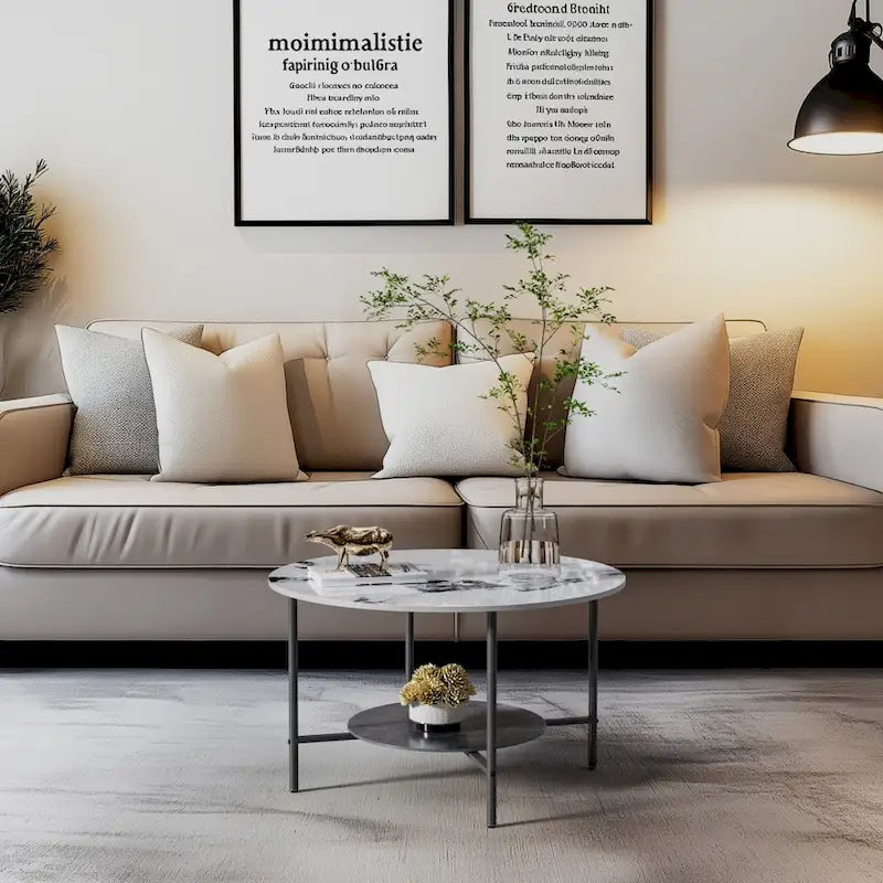 Round Coffee Table 31.5 Coffee Tables for Living Room High Glossy Faux Marble Cocktail Table with Storage Open Shelf