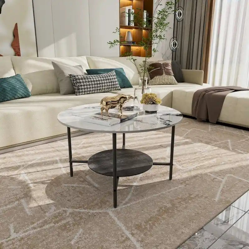 Round Coffee Table 31.5 Coffee Tables for Living Room High Glossy Faux Marble Cocktail Table with Storage Open Shelf