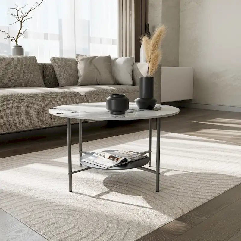Round Coffee Table 31.5 Coffee Tables for Living Room High Glossy Faux Marble Cocktail Table with Storage Open Shelf