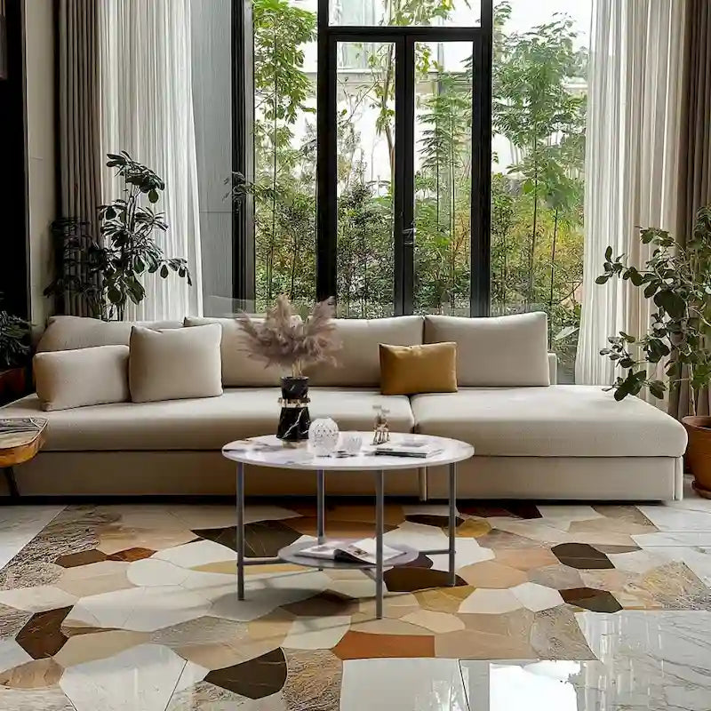 Round Coffee Table 31.5 Coffee Tables for Living Room High Glossy Faux Marble Cocktail Table with Storage Open Shelf