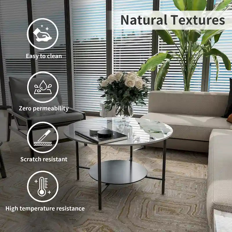 Round Coffee Table 31.5 Coffee Tables for Living Room High Glossy Faux Marble Cocktail Table with Storage Open Shelf