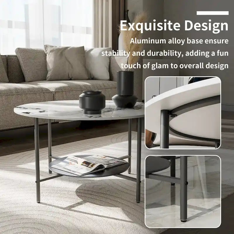 Round Coffee Table 31.5 Coffee Tables for Living Room High Glossy Faux Marble Cocktail Table with Storage Open Shelf
