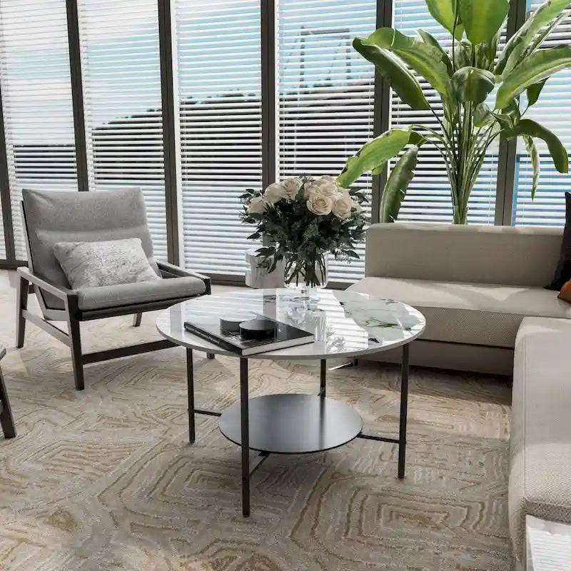 Round Coffee Table 31.5 Coffee Tables for Living Room High Glossy Faux Marble Cocktail Table with Storage Open Shelf