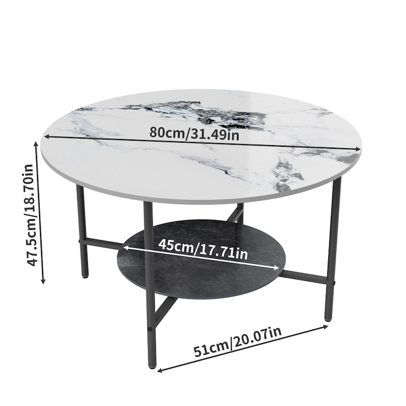 Round Coffee Table 31.5 Coffee Tables for Living Room High Glossy Faux Marble Cocktail Table with Storage Open Shelf