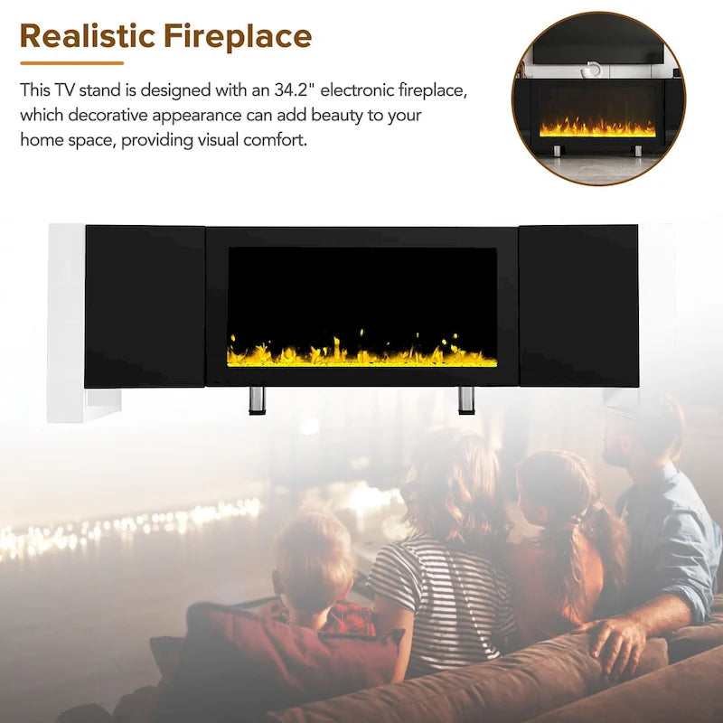 Black Modern 68.1 Fireplace TV Stand with 2 Large Cabinets for TVs Up to 78