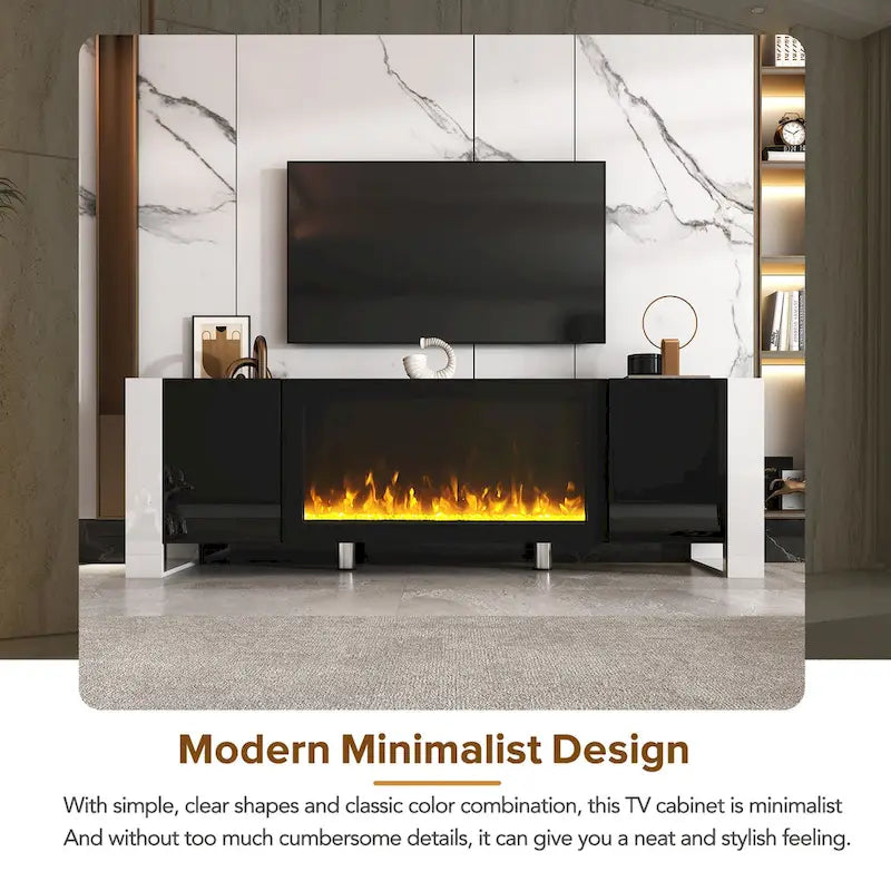 Black Modern 68.1 Fireplace TV Stand with 2 Large Cabinets for TVs Up to 78
