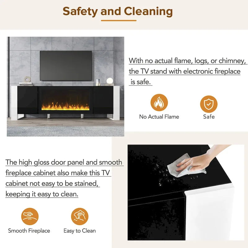 Black Modern 68.1 Fireplace TV Stand with 2 Large Cabinets for TVs Up to 78