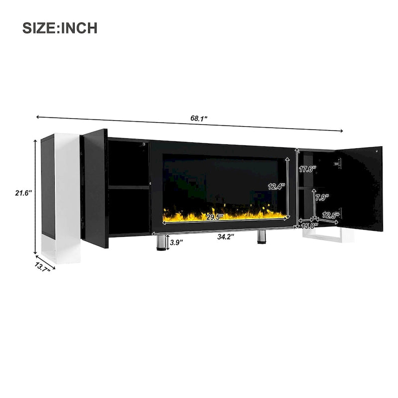 Black Modern 68.1 Fireplace TV Stand with 2 Large Cabinets for TVs Up to 78