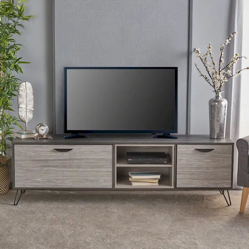 Grey 71.1 TV Stand with Fold-Out Cabinet, Regular Cabinet, and 2 Shelves for TVs Up to 79