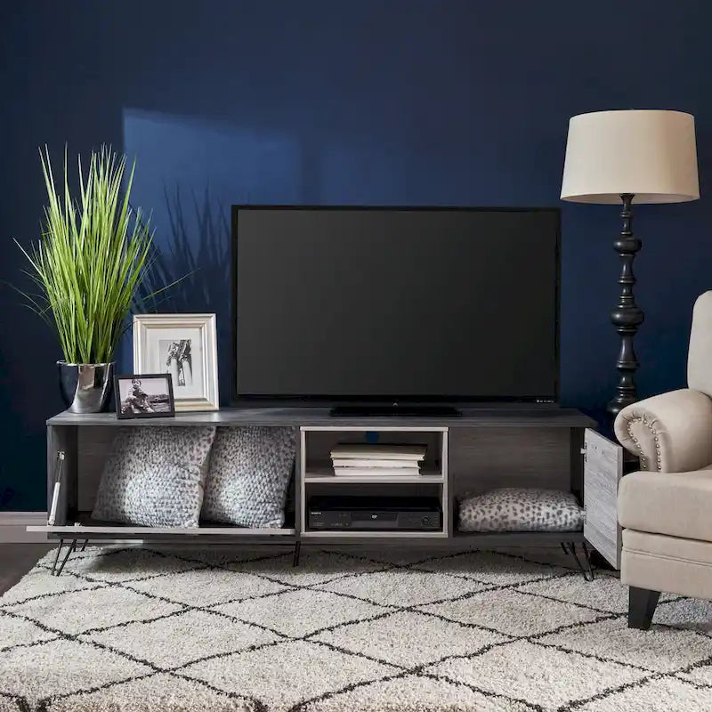 Grey 71.1 TV Stand with Fold-Out Cabinet, Regular Cabinet, and 2 Shelves for TVs Up to 79