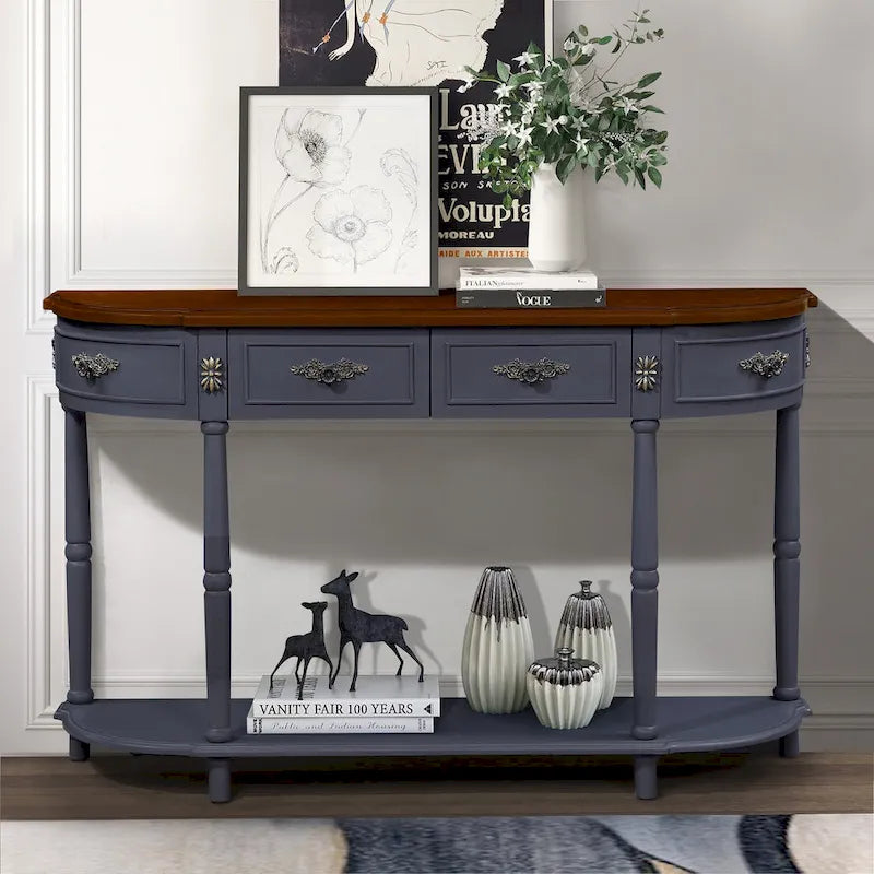 52 inch Circular Half Moon Sofa Table with Open Shelf and 2 Drawers