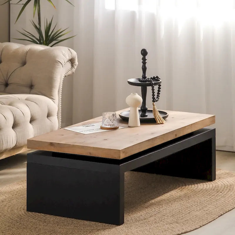 Black and Natural Wood Living Room Table Versatile Coffee Table 2-Tiered Wood Tabletop Table