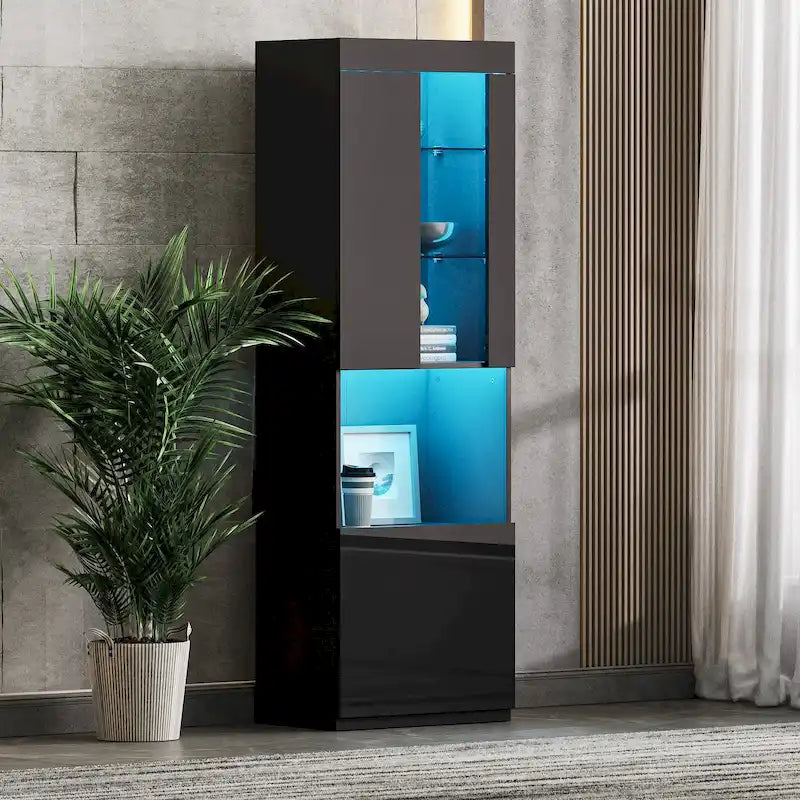 High Gloss Storage Cabinet with LED Lights,67 Tall Cabinet with Acrylic Door,with Open Countertop and Tempered Glass Shelves