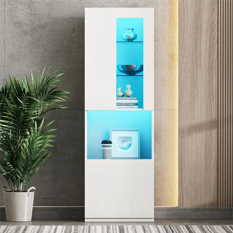 High Gloss Storage Cabinet with LED Lights,67 Tall Cabinet with Acrylic Door,with Open Countertop and Tempered Glass Shelves