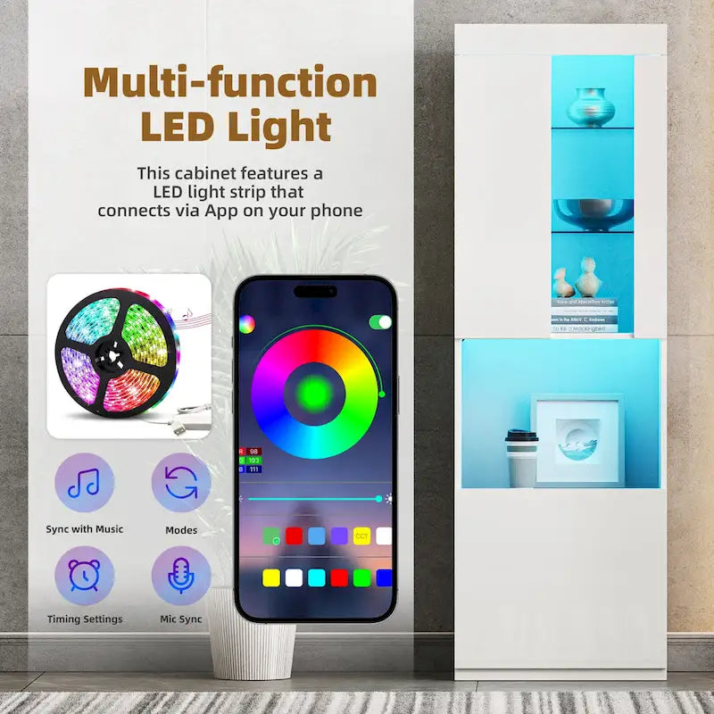 High Gloss Storage Cabinet with LED Lights,67 Tall Cabinet with Acrylic Door,with Open Countertop and Tempered Glass Shelves