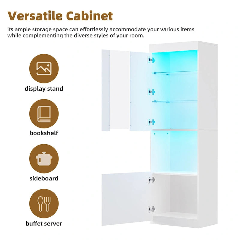 High Gloss Storage Cabinet with LED Lights,67 Tall Cabinet with Acrylic Door,with Open Countertop and Tempered Glass Shelves