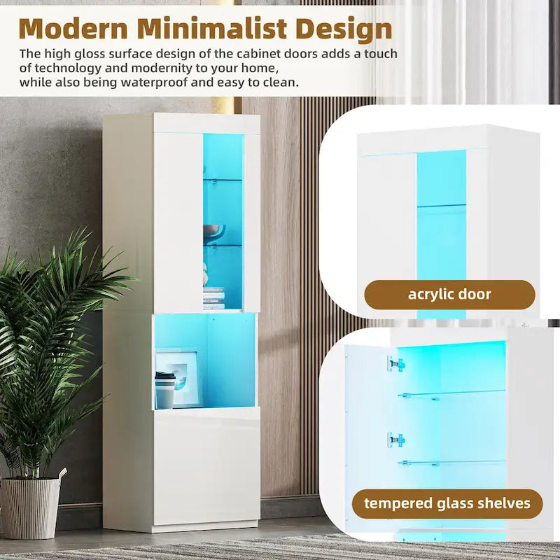 High Gloss Storage Cabinet with LED Lights,67 Tall Cabinet with Acrylic Door,with Open Countertop and Tempered Glass Shelves