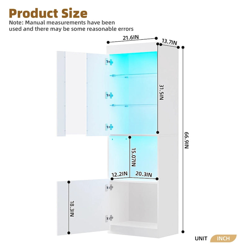 High Gloss Storage Cabinet with LED Lights,67 Tall Cabinet with Acrylic Door,with Open Countertop and Tempered Glass Shelves
