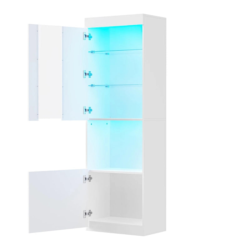 High Gloss Storage Cabinet with LED Lights,67 Tall Cabinet with Acrylic Door,with Open Countertop and Tempered Glass Shelves