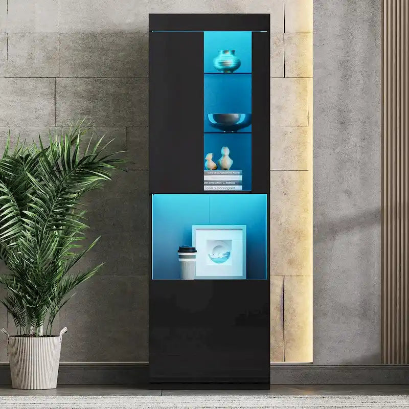 High Gloss Storage Cabinet with LED Lights,67 Tall Cabinet with Acrylic Door,with Open Countertop and Tempered Glass Shelves