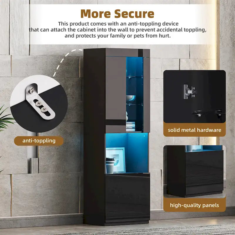 High Gloss Storage Cabinet with LED Lights,67 Tall Cabinet with Acrylic Door,with Open Countertop and Tempered Glass Shelves