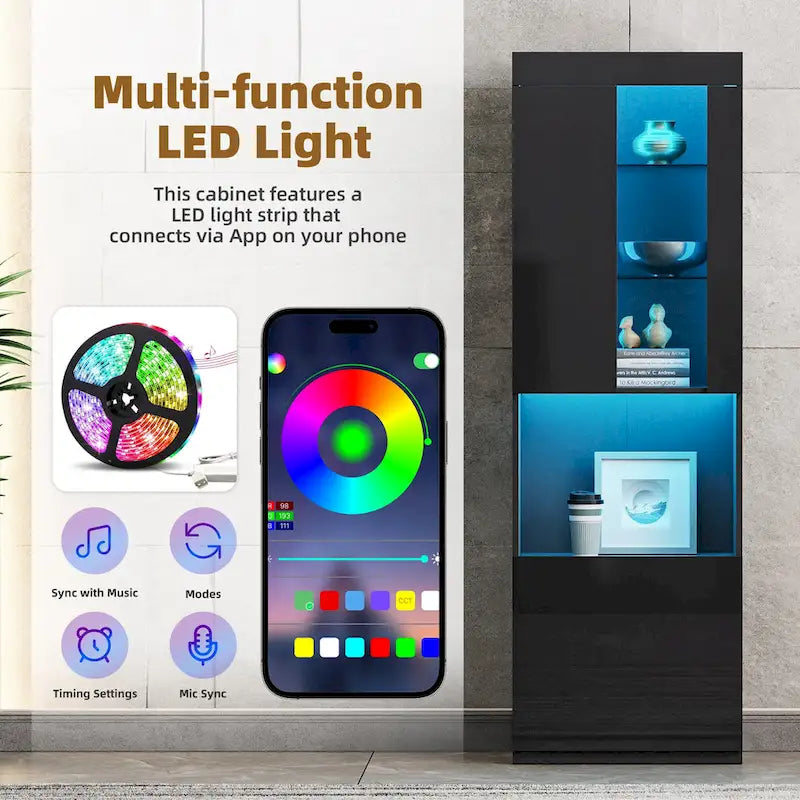 High Gloss Storage Cabinet with LED Lights,67 Tall Cabinet with Acrylic Door,with Open Countertop and Tempered Glass Shelves