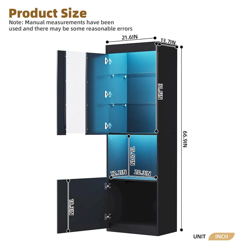High Gloss Storage Cabinet with LED Lights,67 Tall Cabinet with Acrylic Door,with Open Countertop and Tempered Glass Shelves