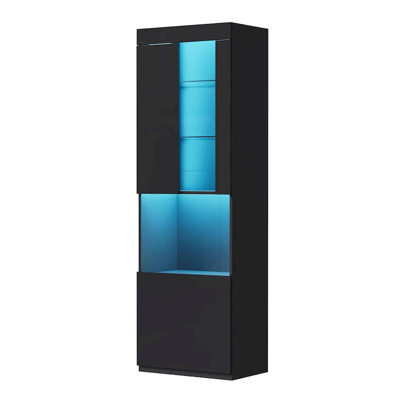High Gloss Storage Cabinet with LED Lights,67 Tall Cabinet with Acrylic Door,with Open Countertop and Tempered Glass Shelves