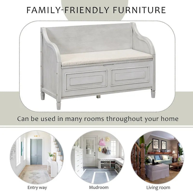 Farmhouse Solid Wood Multi-Purpose Upholstered Storage Bench