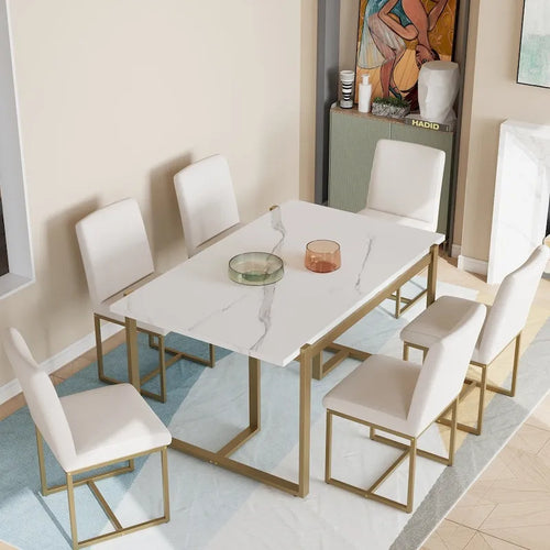7-Piece Faux Marble Modern Dining Table Set with 6 Upholstered Chairs