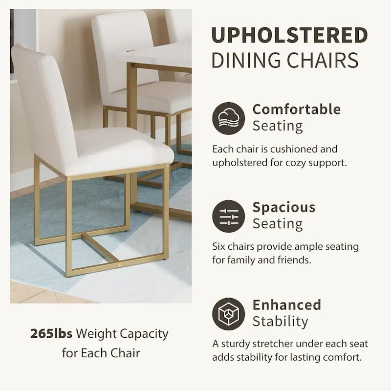 7-Piece Faux Marble Modern Dining Table Set with 6 Upholstered Chairs