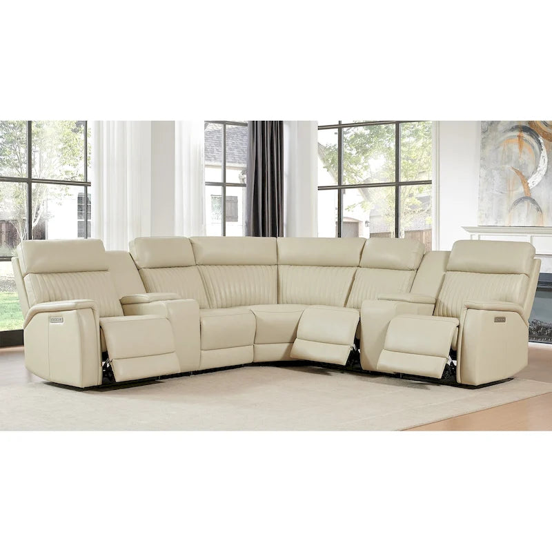 Genuine Leather Power Recliner Sectional Sofa with Ajustable Headrest, Power Lumbar, USB&USB-C Port