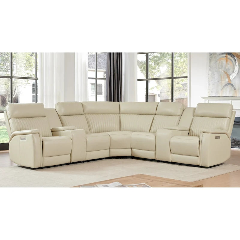 Genuine Leather Power Recliner Sectional Sofa with Ajustable Headrest, Power Lumbar, USB&USB-C Port