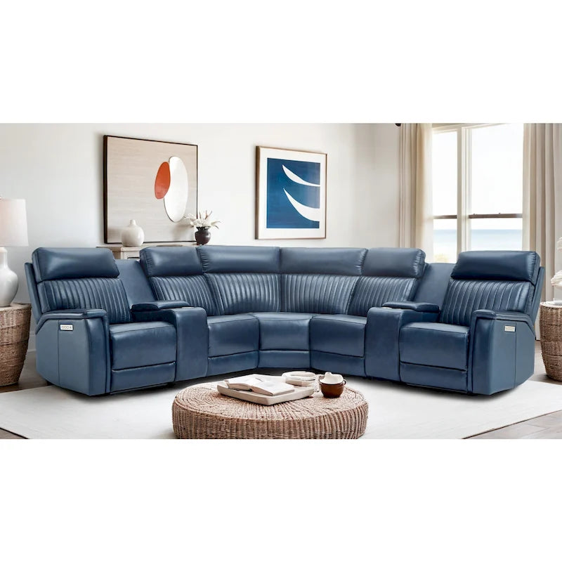 Genuine Leather Power Recliner Sectional Sofa with Ajustable Headrest, Power Lumbar, USB&USB-C Port