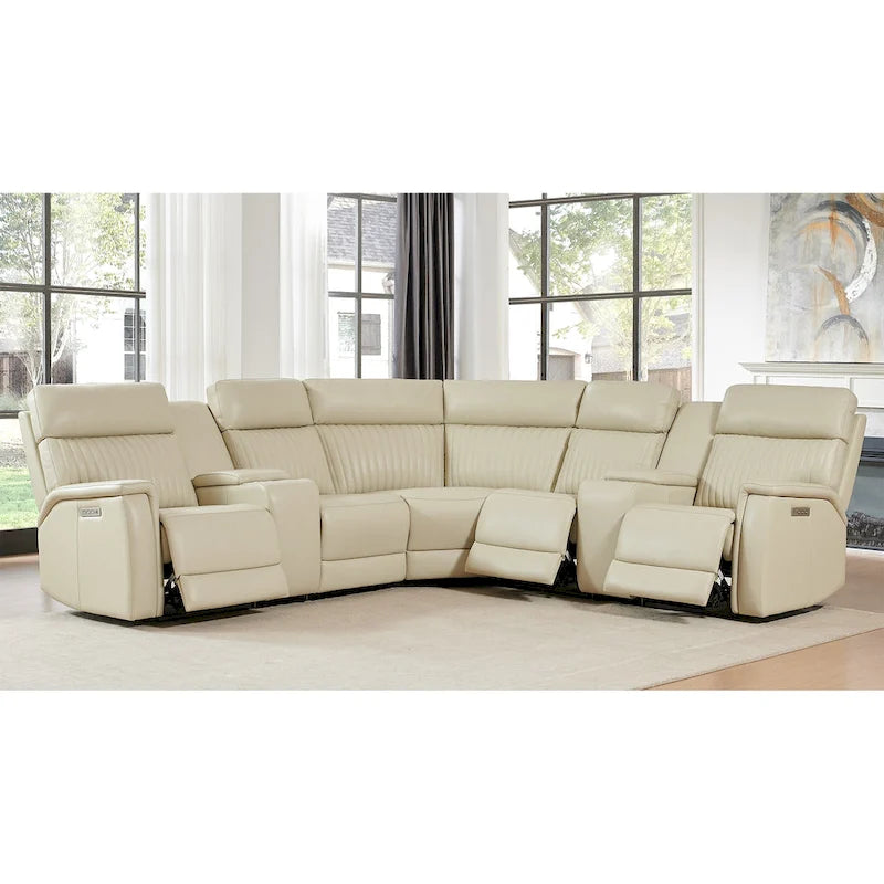 Genuine Leather Power Recliner Sectional Sofa with Ajustable Headrest, Power Lumbar, USB&USB-C Port