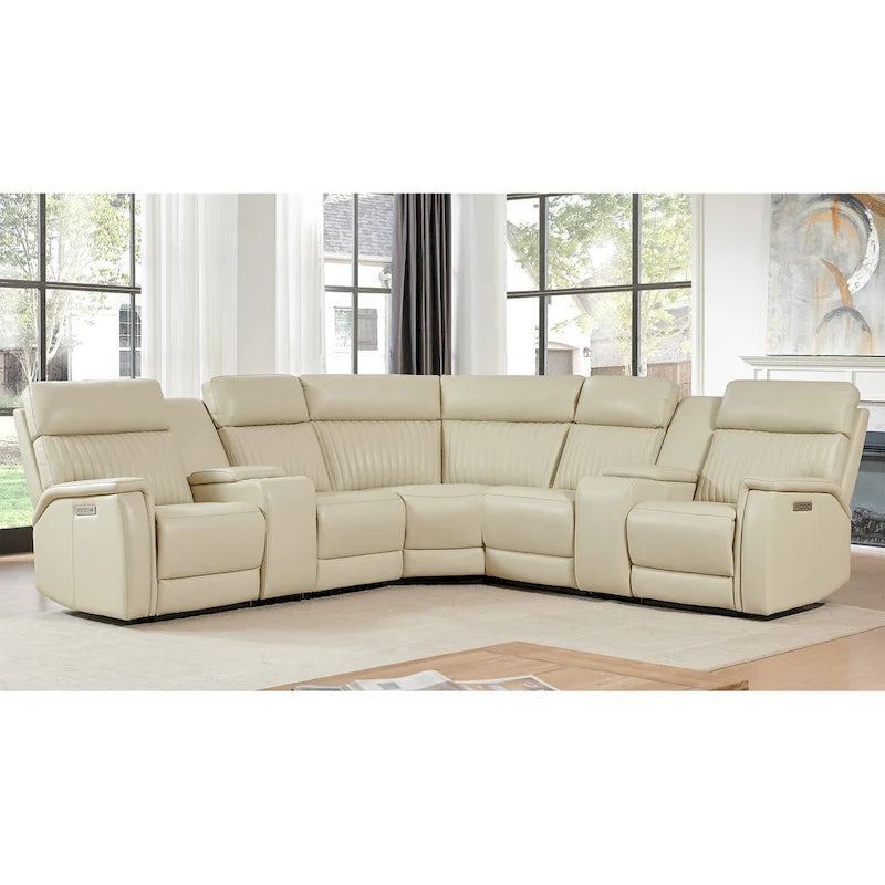 Genuine Leather Power Recliner Sectional Sofa with Ajustable Headrest, Power Lumbar, USB&USB-C Port