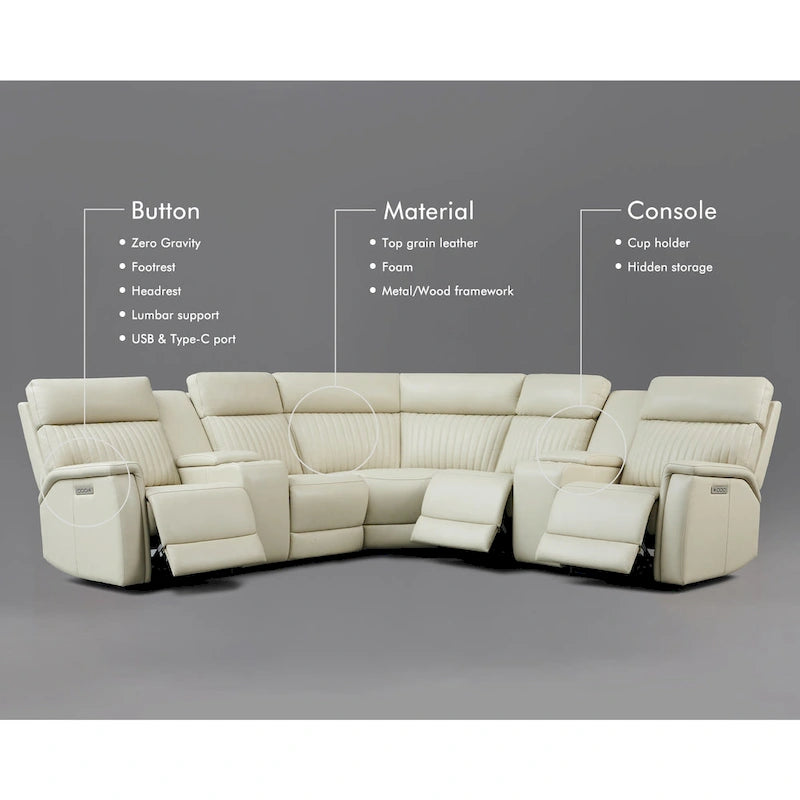 Genuine Leather Power Recliner Sectional Sofa with Ajustable Headrest, Power Lumbar, USB&USB-C Port
