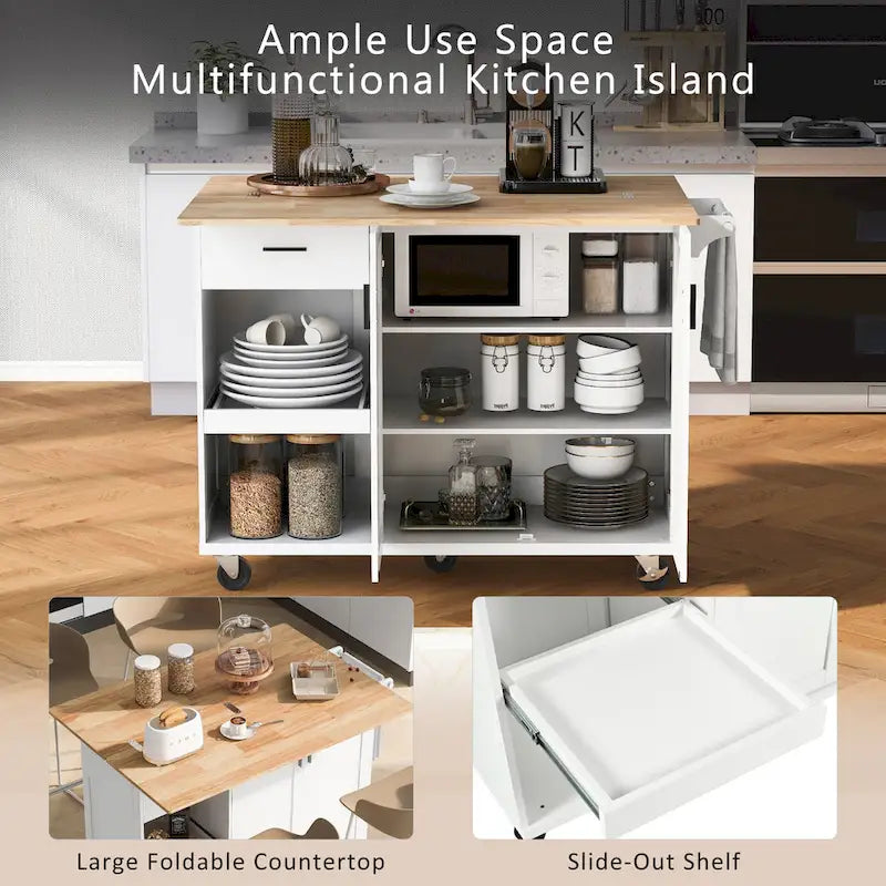 Rolling Kitchen Island w/ Foldable Counter Top,Towel Rack and Drawer