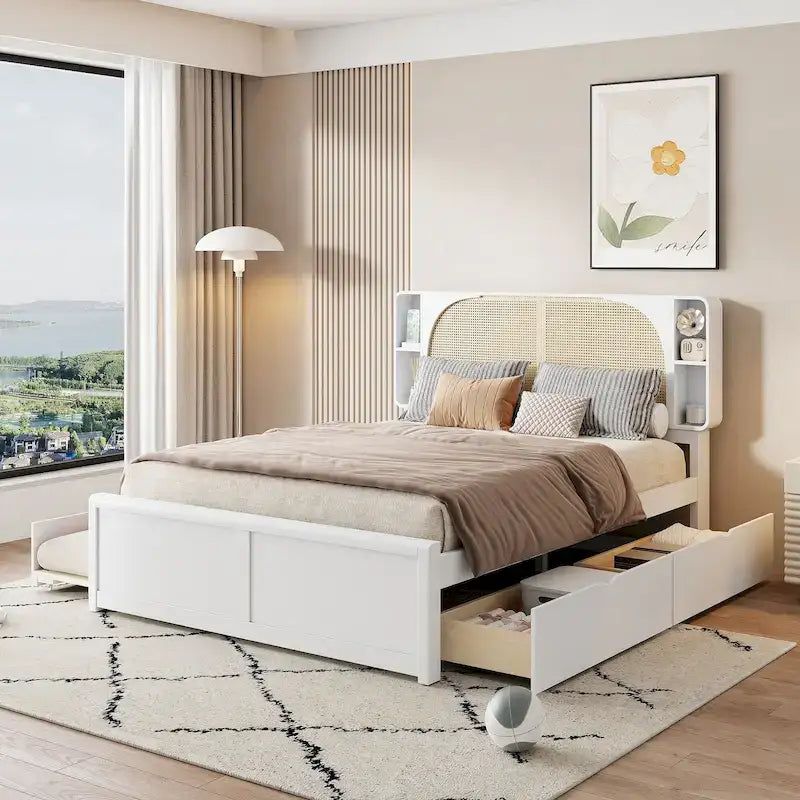 Queen Size Rattan Headboard Bed with Two Storage Drawers and Trundle, White