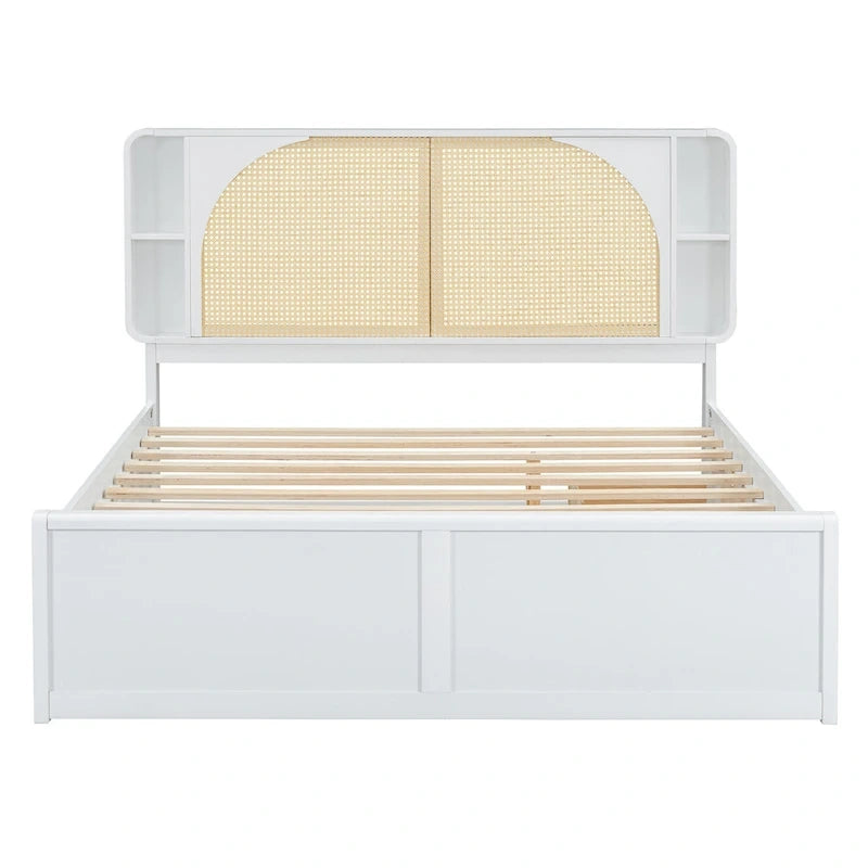 Queen Size Rattan Headboard Bed with Two Storage Drawers and Trundle, White