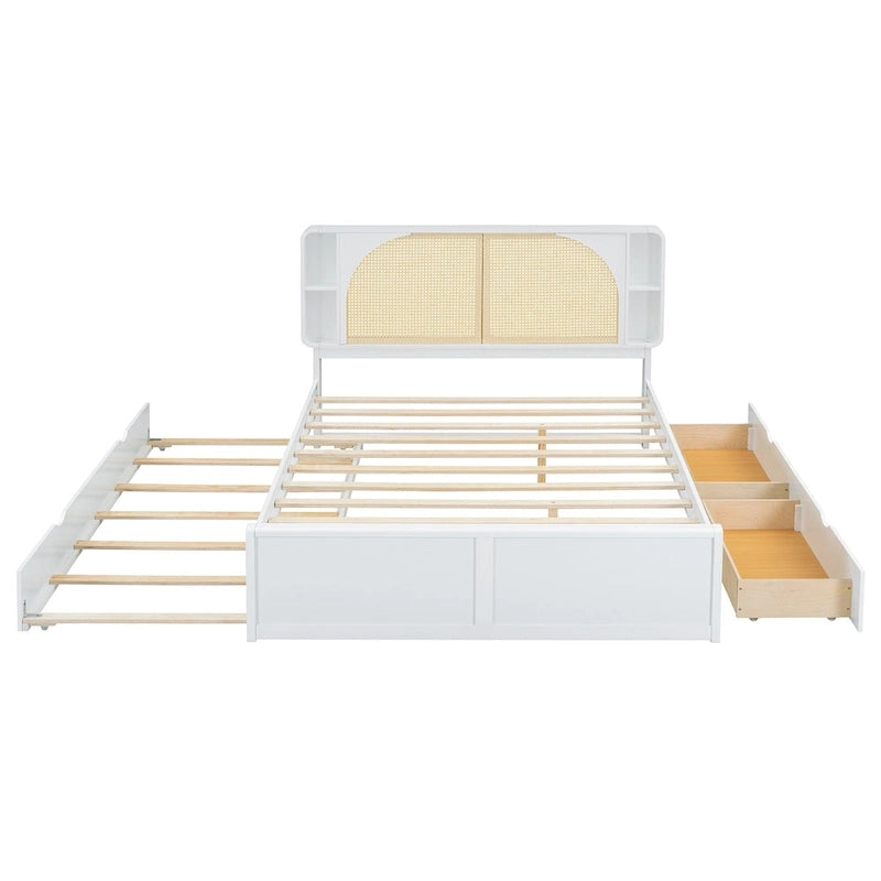 Queen Size Rattan Headboard Bed with Two Storage Drawers and Trundle, White