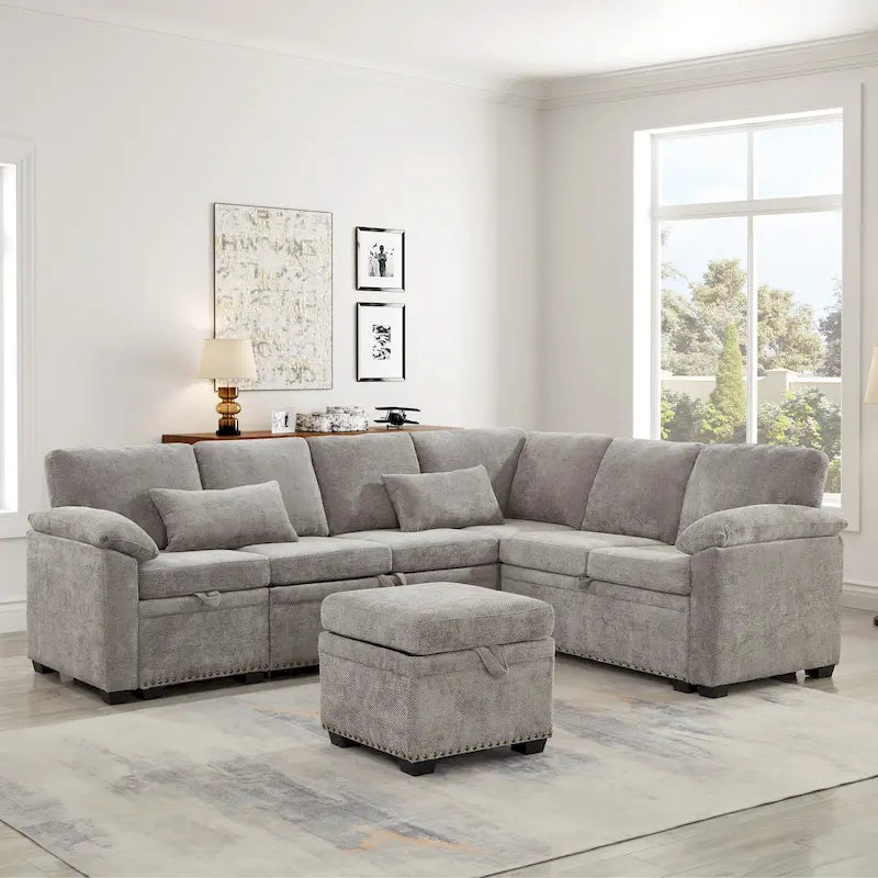 97 Chenille L-Shaped Sleeper Sectional Sofa with Storage Ottoman